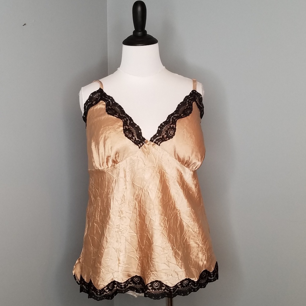 Cacique Gold  satin krinkle cami with black lace
